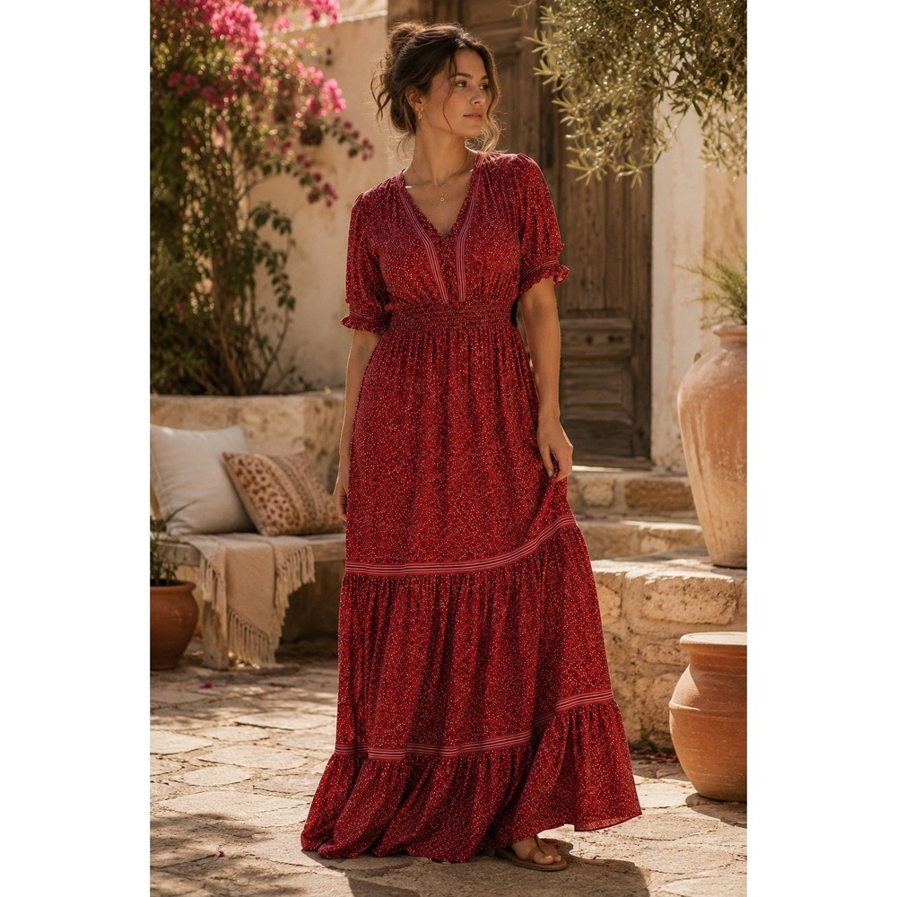 Max Studio Red Floral Boho Maxi Dress L Smocked Waist Tiered Cottagecore WW11